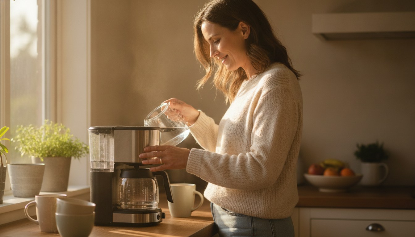 A digital kitchen scale weighing ground coffee next to a kettle, illustrating how a precise coffee to water ratio is measured before brewing
