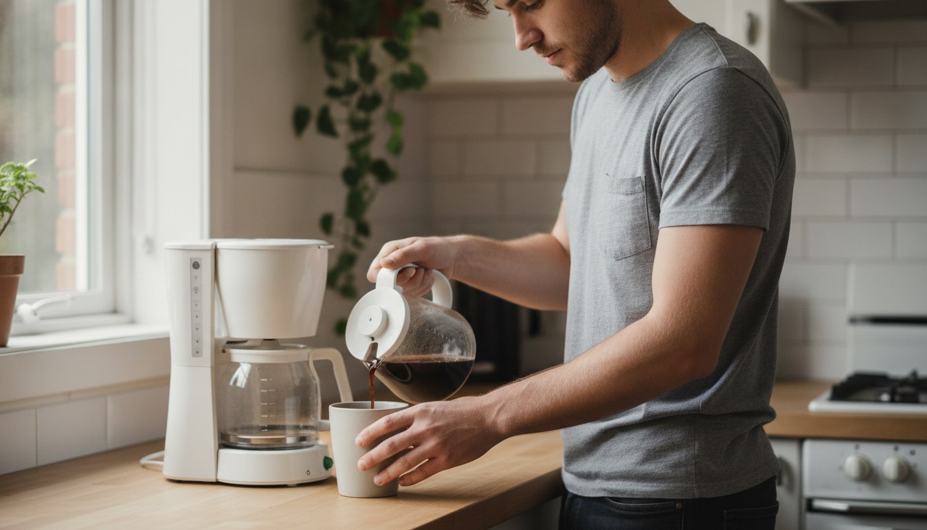 A drip coffee maker and a pod coffee maker side by side on a kitchen counter, illustrating the drip coffee maker vs pod coffee maker choice