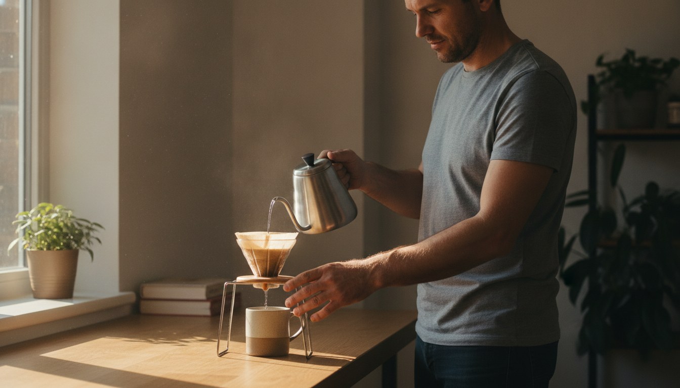 A drip coffee maker mid-brew with coffee dripping through the filter basket into a glass carafe, illustrating how a drip coffee maker works