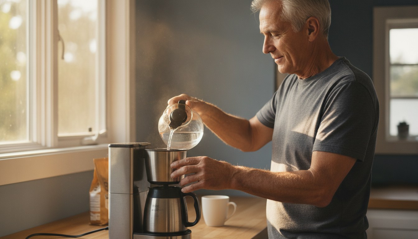 A drip coffee maker with a glass carafe next to a single-serve pod machine on a bright kitchen counter, illustrating how to choose a coffee maker