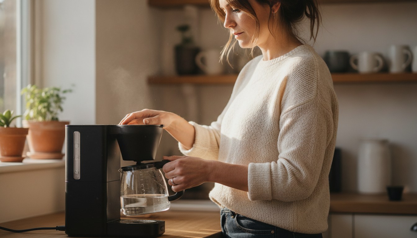 A drip coffee maker running a clean cycle on a kitchen counter, the setup used to descale and clean a coffee maker on a regular schedule