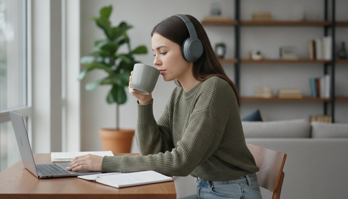 Over-ear headphones resting beside a decibel meter illustrating whether headphones are bad for your hearing
