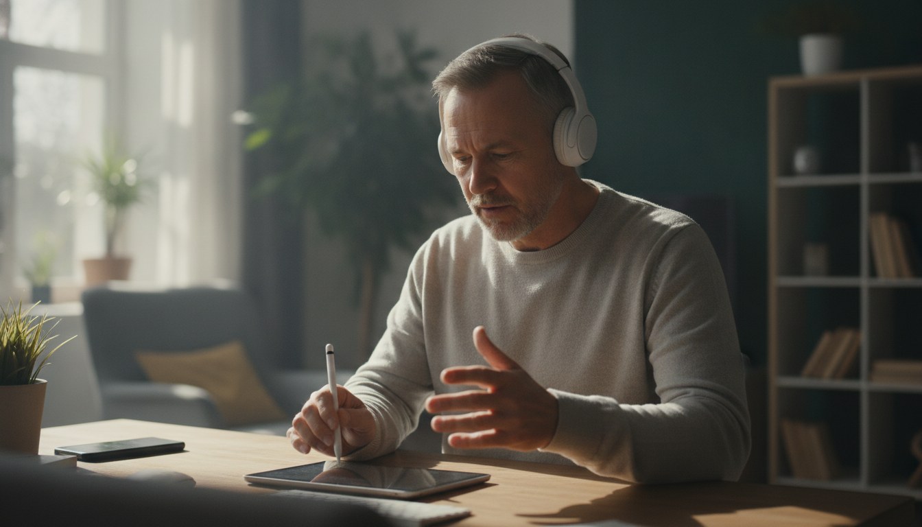 Gamer at a desk trying on a headset, illustrating how to choose a gaming headset for comfort and fit
