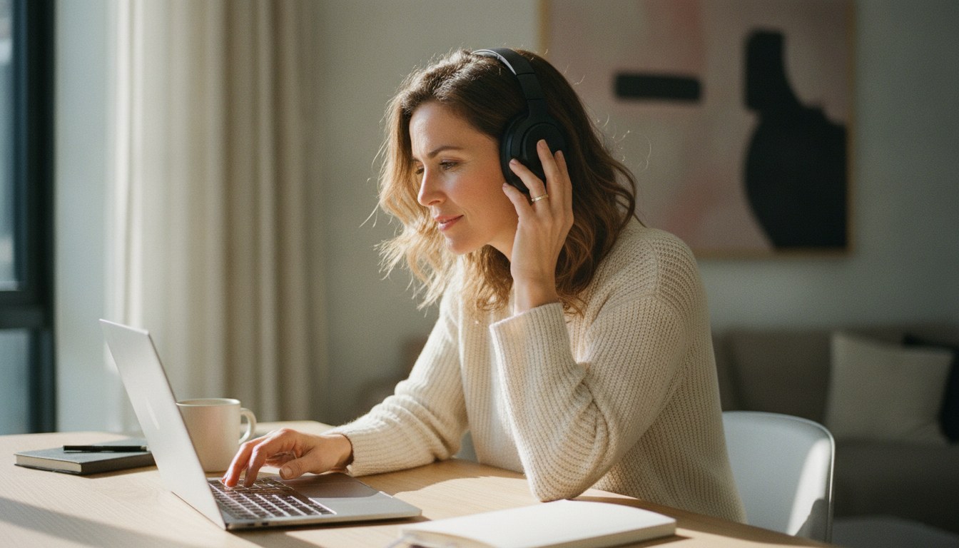 Hands wiping the earcup and headband of a pair of over-ear headphones with a microfiber cloth, illustrating how to clean headphones at home