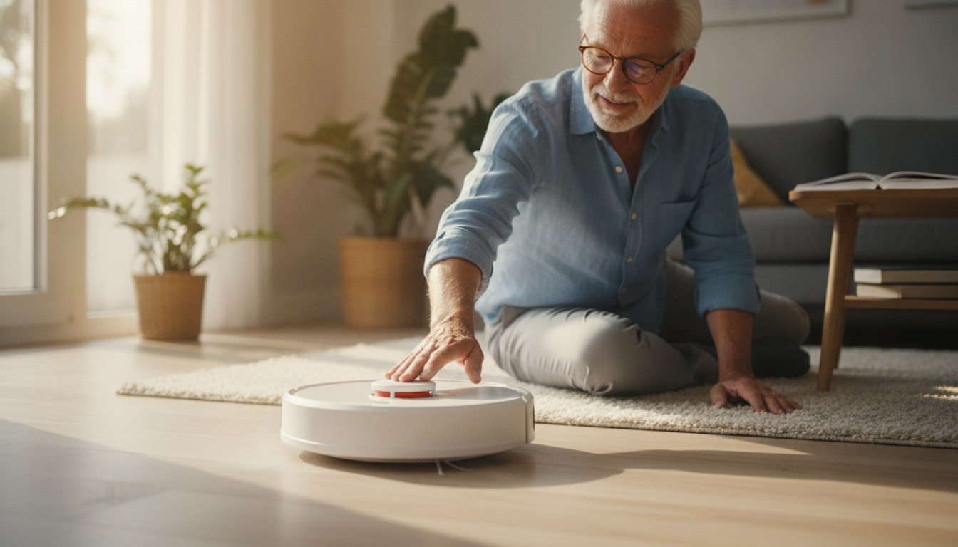 A robot vacuum crossing a hardwood floor scattered with pet hair, illustrating how robot vacuums work on pet hair