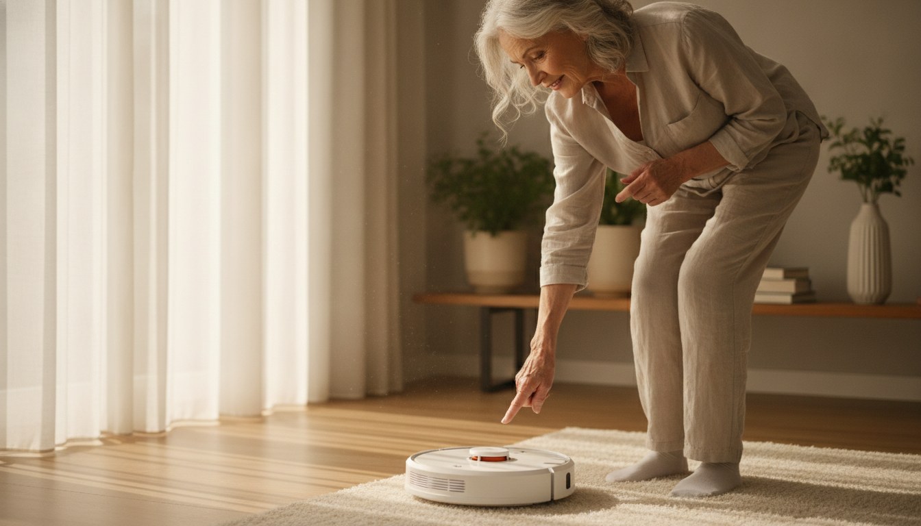 A self-empty base station beside a living room sofa, illustrating how self-emptying robot vacuum docks work