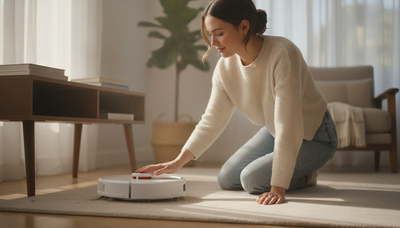 A robot vacuum cleaning a sunlit hardwood living room, illustrating how to choose a robot vacuum for your home