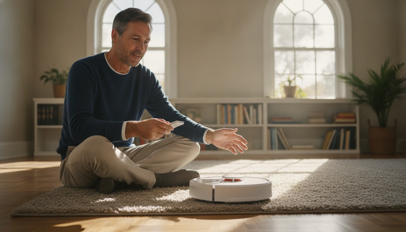 A hand removing tangled pet hair from a robot vacuum's brush roller, demonstrating how to clean a robot vacuum brush at home