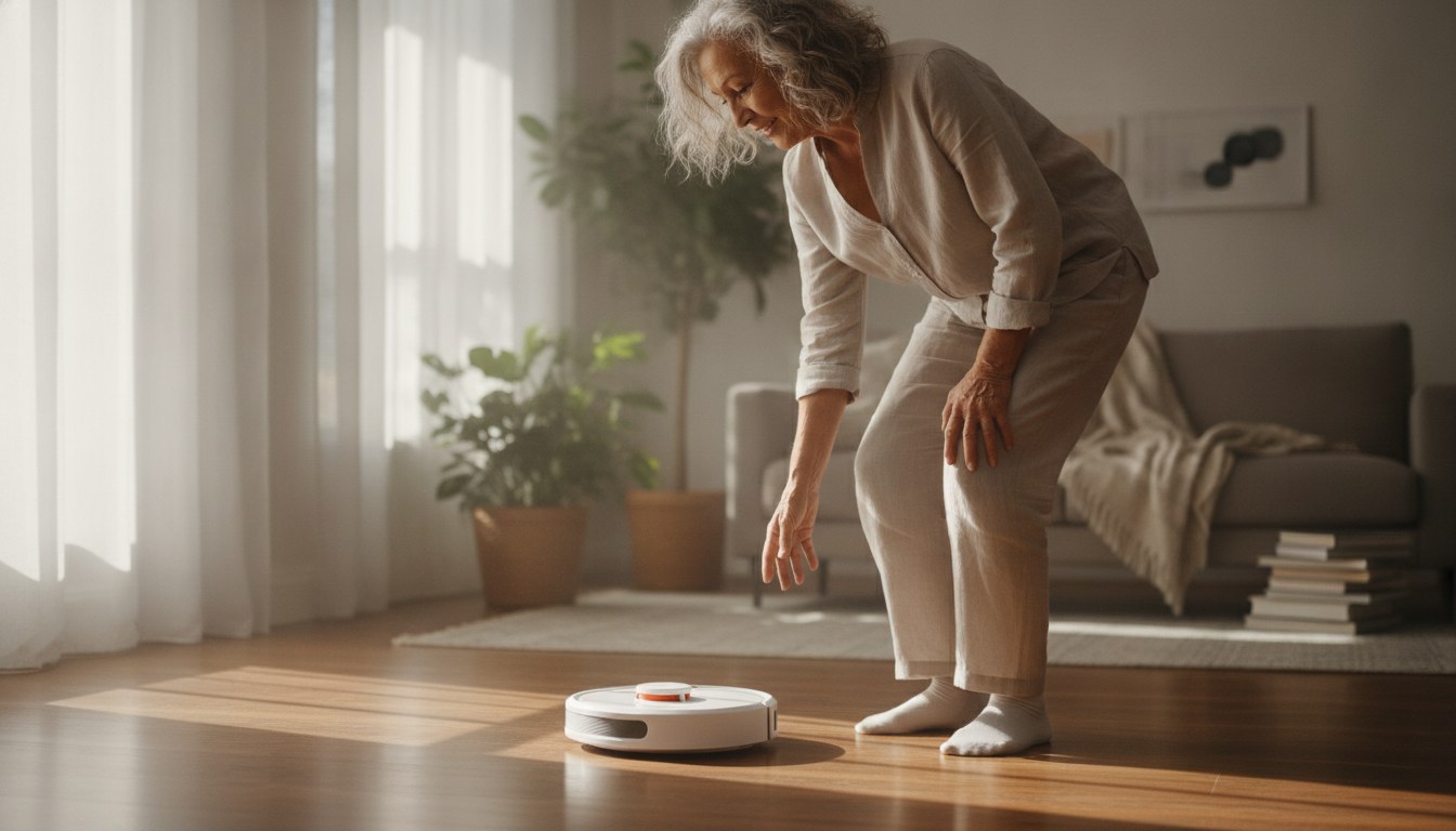 Robot vacuum and mop combo explained: a robot cleaner switching from a rug to a hardwood floor in a bright living room