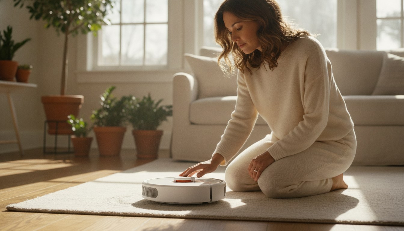 Robot vacuum mapping vs camera navigation shown as a laser-guided robot scanning a bright living room