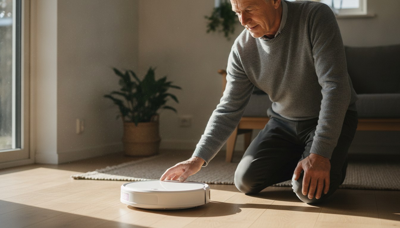 A robot vacuum smart home and voice control setup shown through a phone glowing beside the dock in a softly lit living room