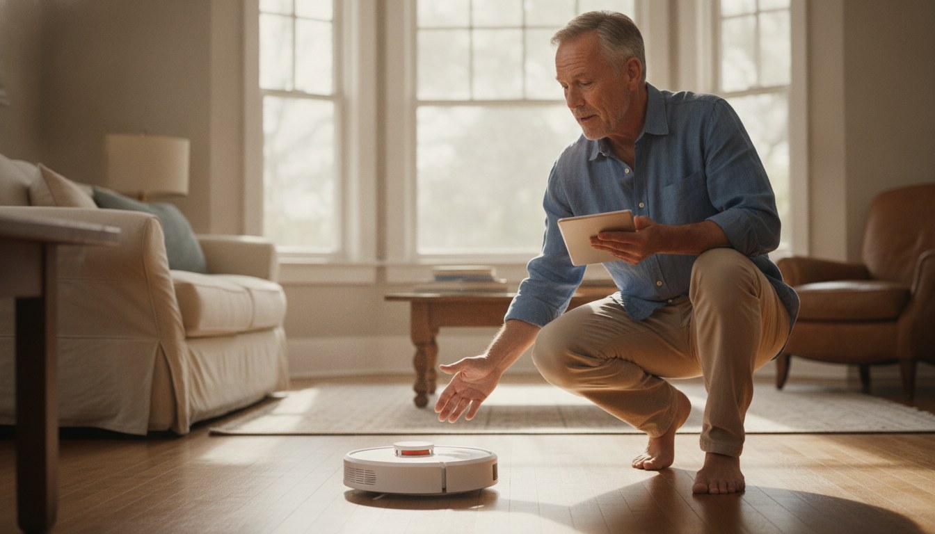 Robot vacuum suction (Pa) explained visually: a robot vacuum moving from hardwood flooring onto a carpet