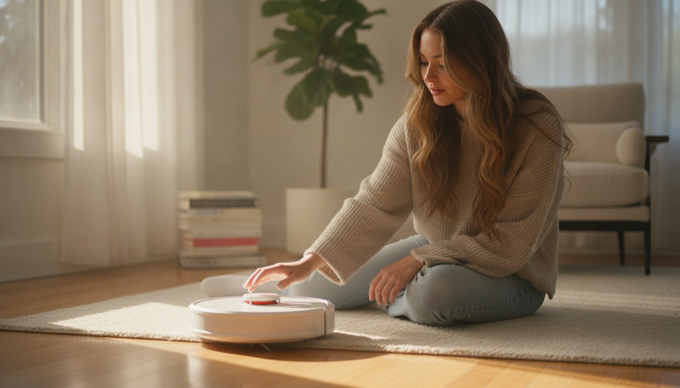 Illustration of how no-go zones on a robot vacuum work, showing the machine pausing at a mapped boundary beside a bundle of cables in a modern living room