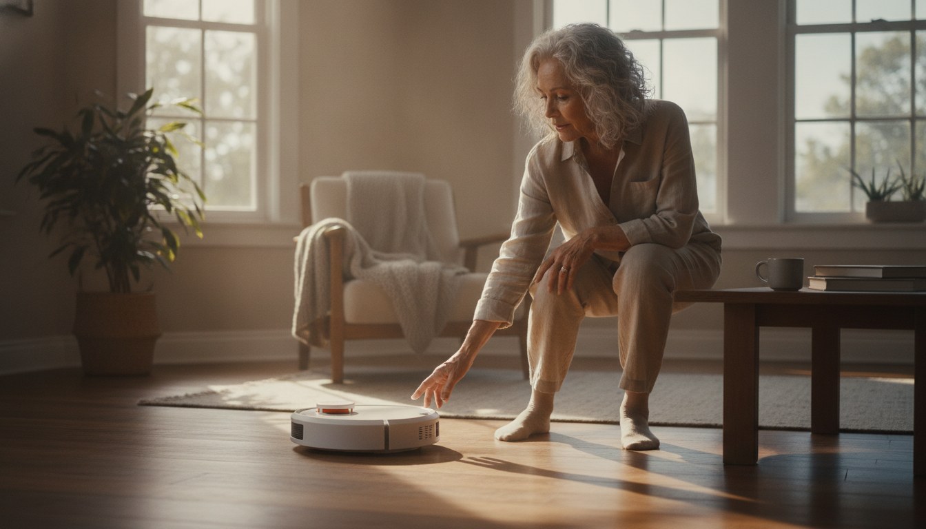 A robot vacuum's brush roller wound tightly with pale strands of hair, the exact tangle behind why does my robot vacuum keep getting hair tangled
