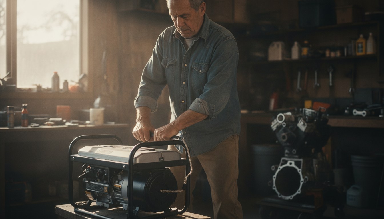 A portable generator running outdoors under a vented canopy cover in the rain, illustrating how you can safely run a generator in the rain
