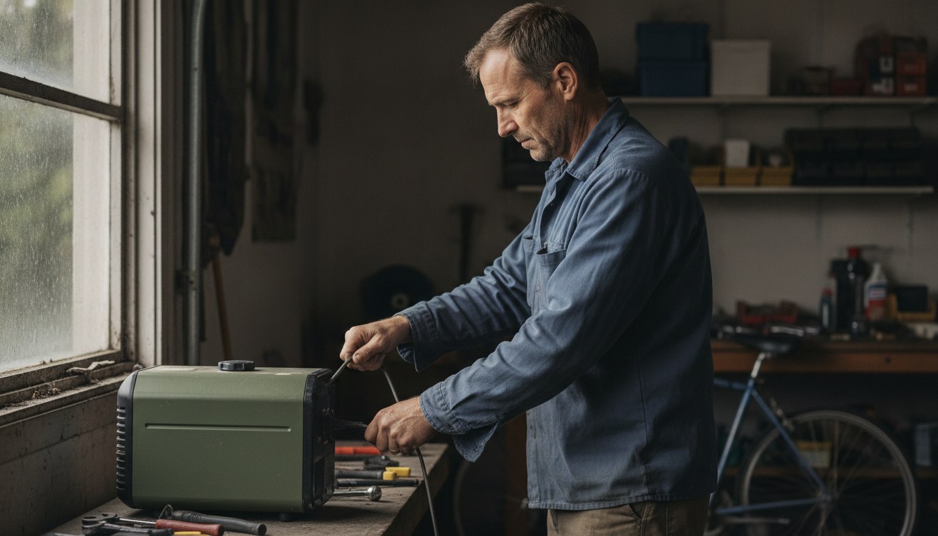 A portable generator running outdoors well away from a home's windows and doors, illustrating generator carbon monoxide safety