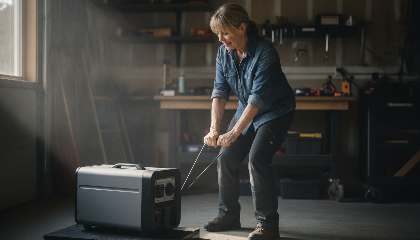 A portable RV generator running outside a camper at a quiet campsite, illustrating how loud a generator sounds at typical distance