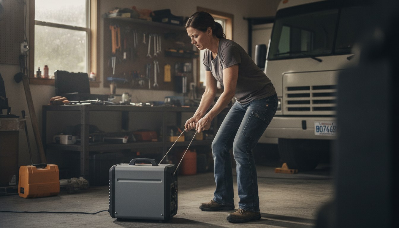 A portable tri-fuel generator outdoors with a control-panel fuel selector for switching between gasoline, propane, and natural gas