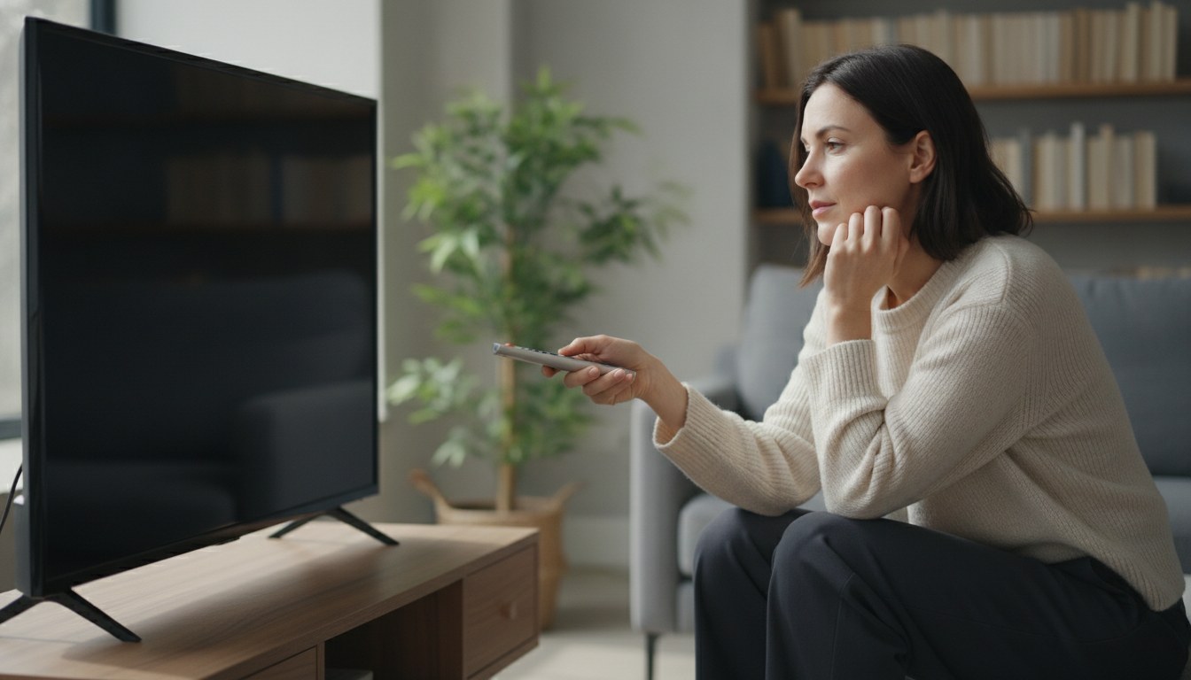 A smart TV home screen in a living room, illustrating that smart TVs work without wifi for antenna channels, HDMI devices and USB media