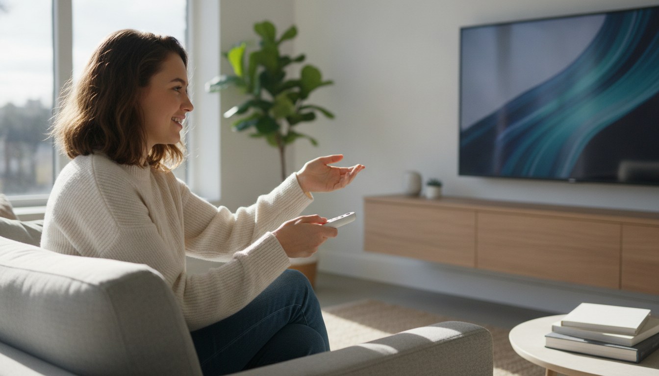 A modern smart TV running in a living room at dusk, illustrating how long smart TVs can last with proper care