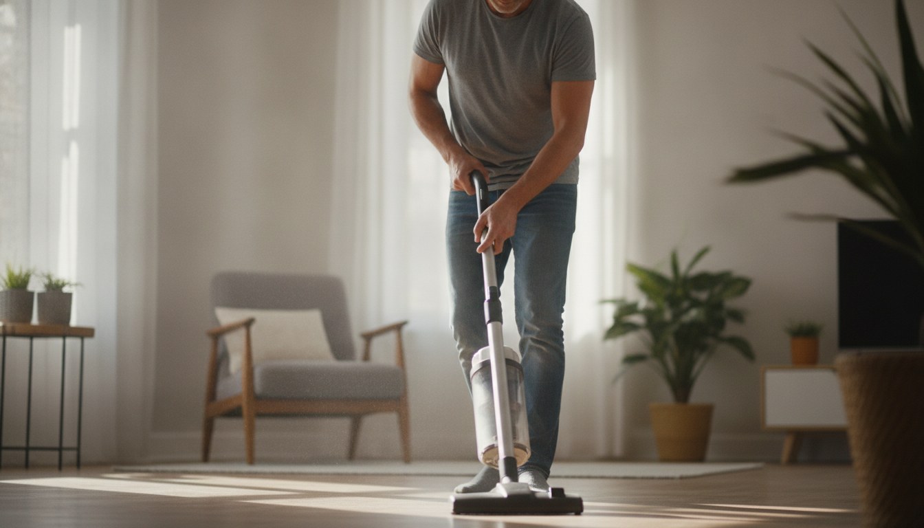 Corded vs cordless vacuum comparison, an upright vacuum plugged into a wall outlet beside a cordless stick vacuum standing freely