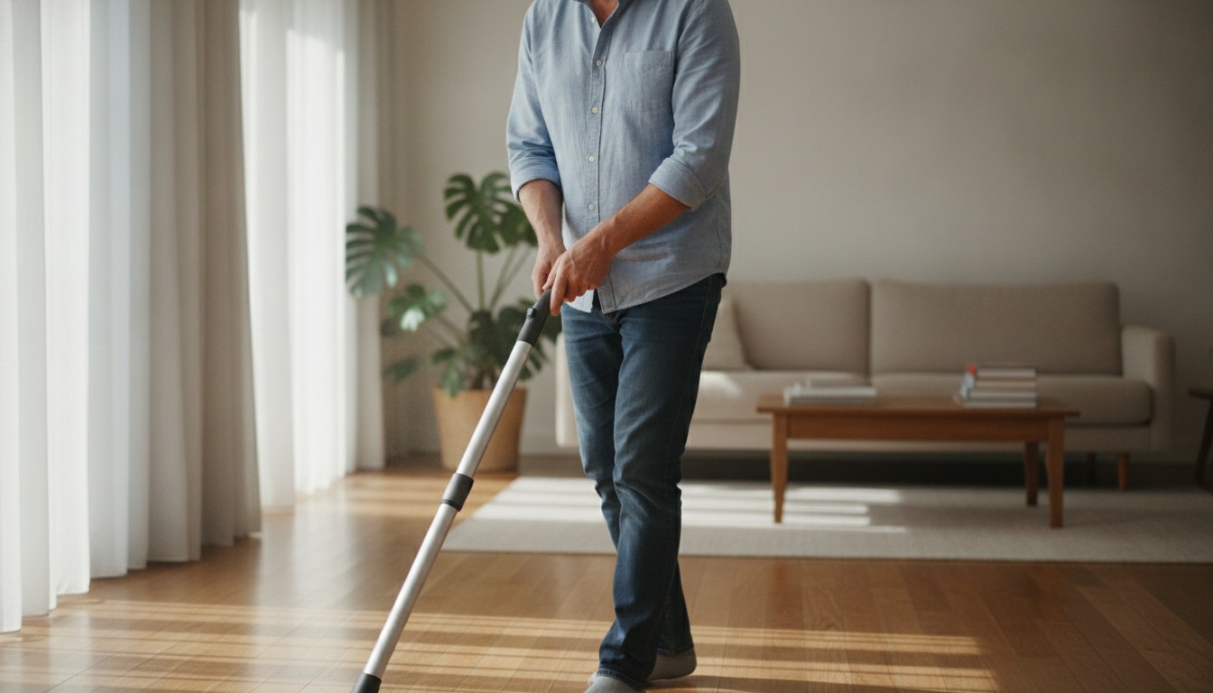 An upright vacuum cleaner being used on a living room rug, illustrating how long a well-built vacuum can last with regular care