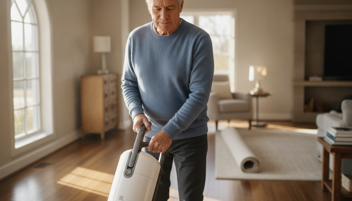 Person vacuuming a living room carpet, illustrating how often you should vacuum carpet to control dust and allergens