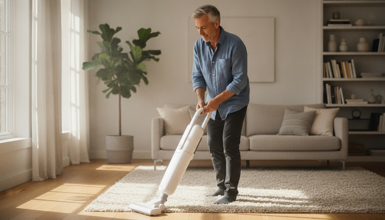 A multi-surface upright vacuum on a hardwood floor, illustrating how to choose a vacuum that handles both carpet and hard floors