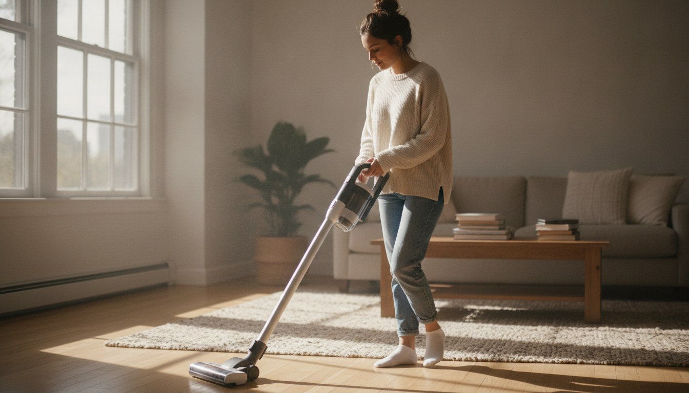 A canister vacuum's soft floor-brush head gliding across a sunlit hardwood floor without scratching it