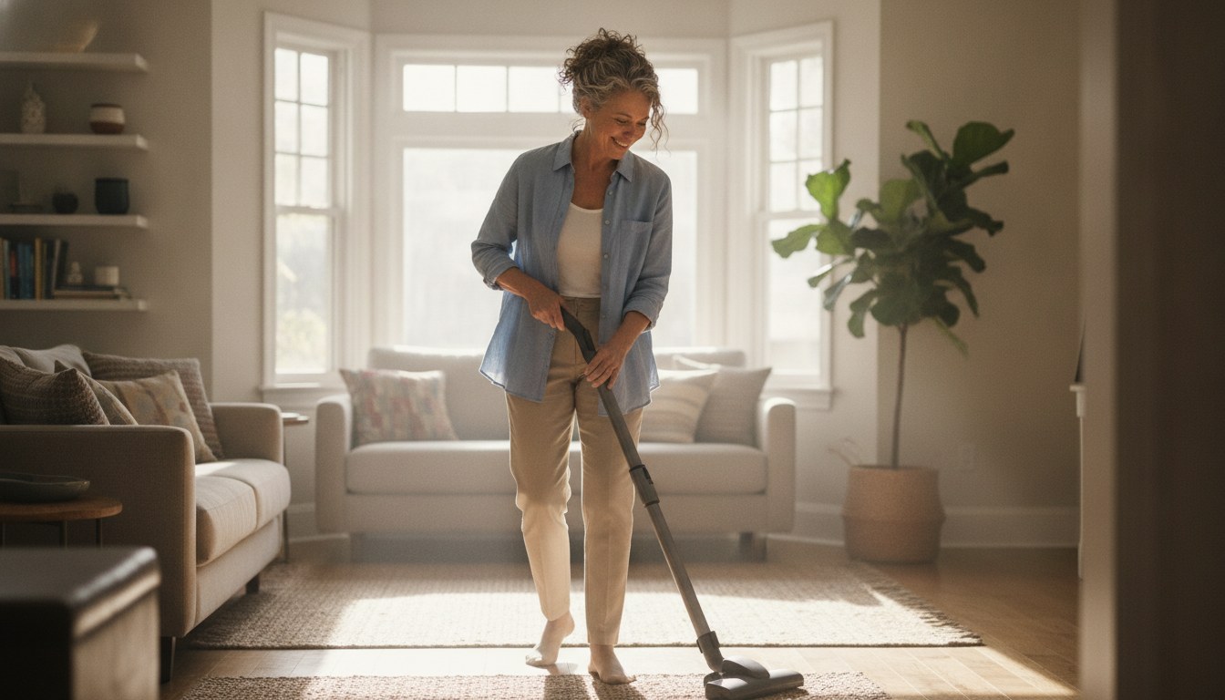 A robot vacuum cleaning under furniture on its own, the autonomous side of the robot vacuum vs traditional vacuum comparison