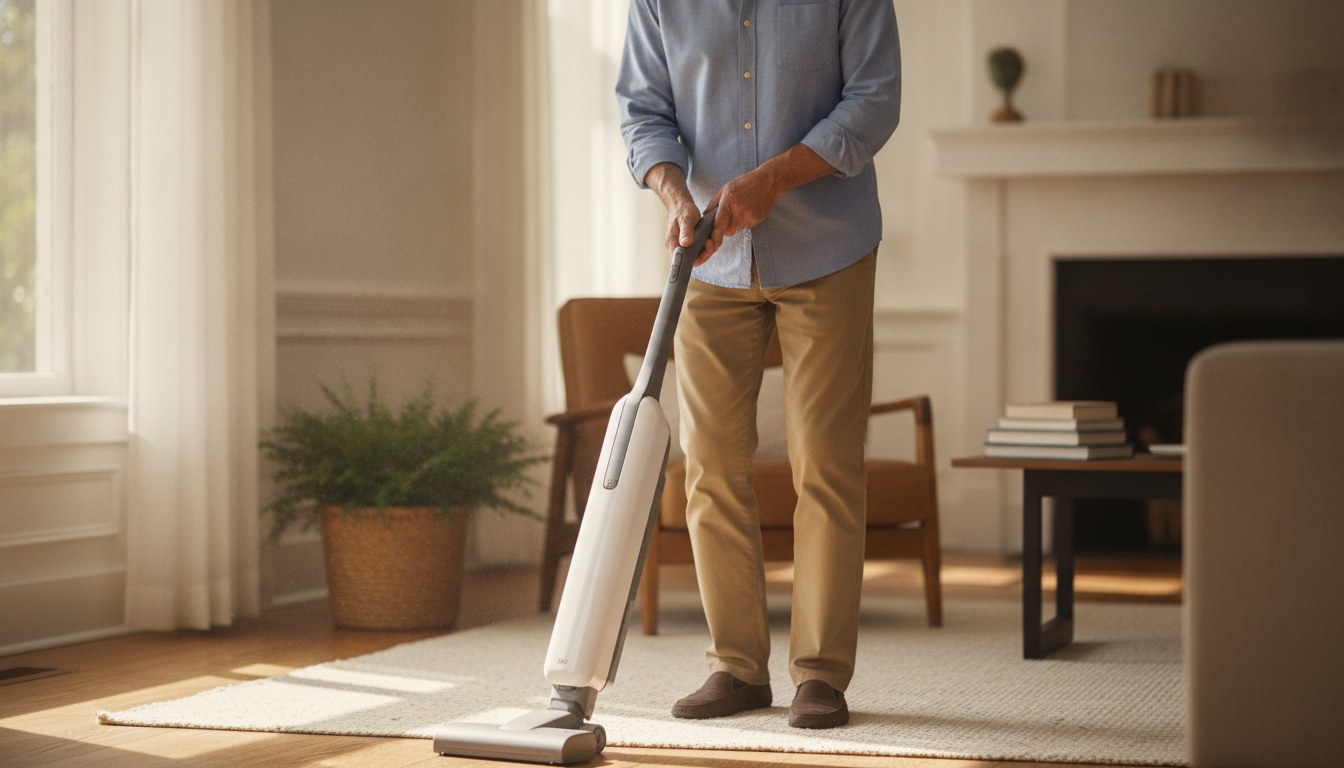 Cordless stick vacuum next to a heavier corded upright vacuum, illustrating the stick vacuum vs upright vacuum choice