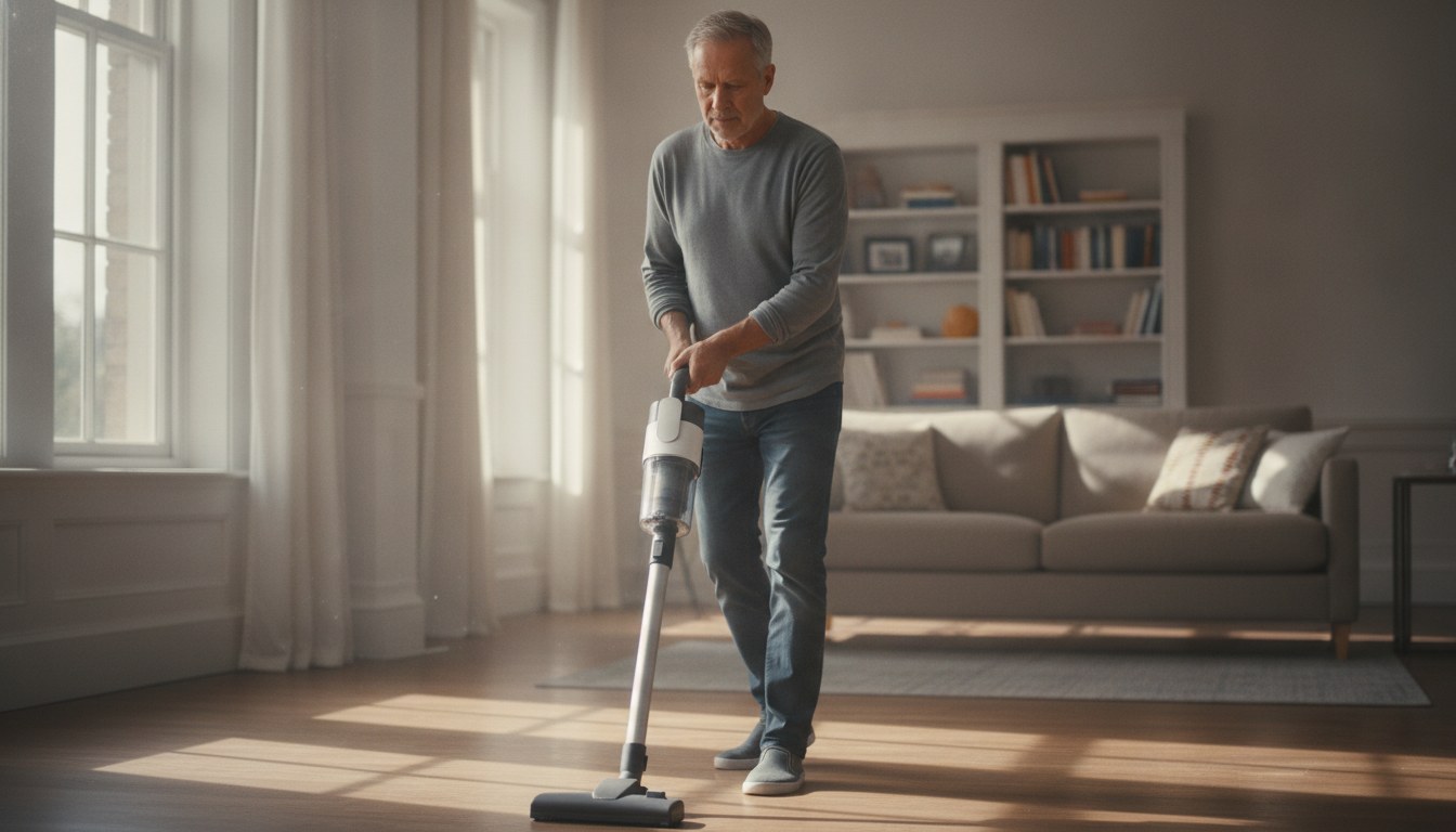 A modern living room with a light gray upright vacuum beside a shedding dog's bed, illustrating what to look for in a vacuum for pet hair