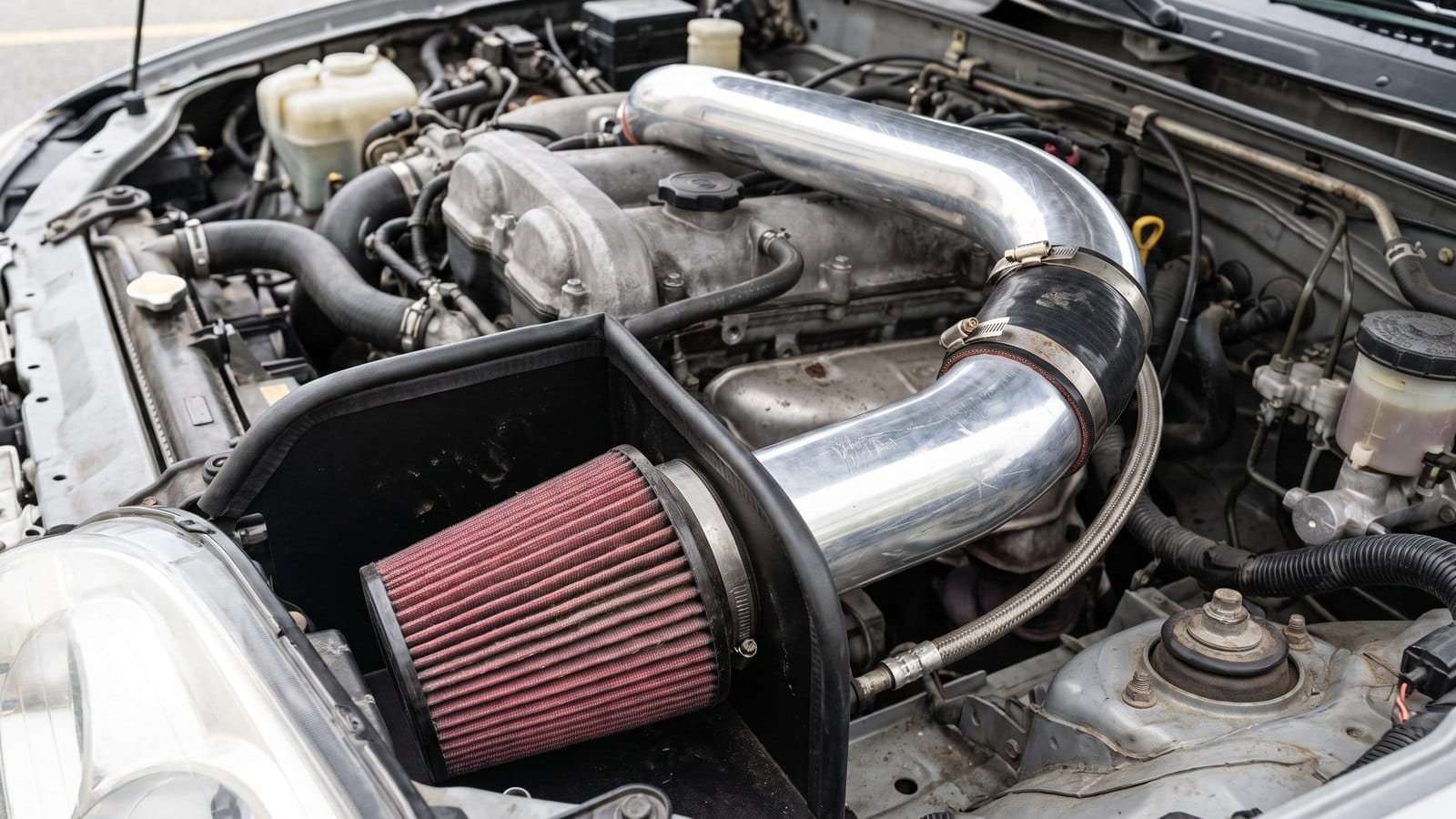 Car air intake system in position: cone filter low behind the headlight inside a heat shield, aluminium tube running to the throttle body