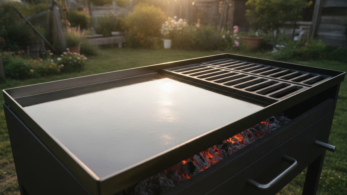 Griddle vs grill compared side by side, a solid steel griddle plate next to open grill bars on one outdoor cooker.