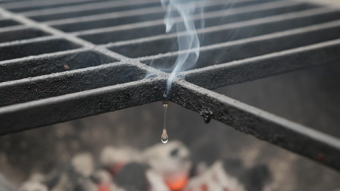 Fat dripping from meat through grill bars onto the fire below, producing the smoke that carries flavour back up.