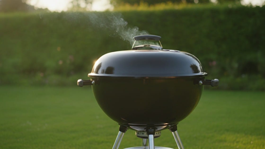 A closed grill lid trapping hot air and smoke around the food, the setup that makes a grill behave like an oven.