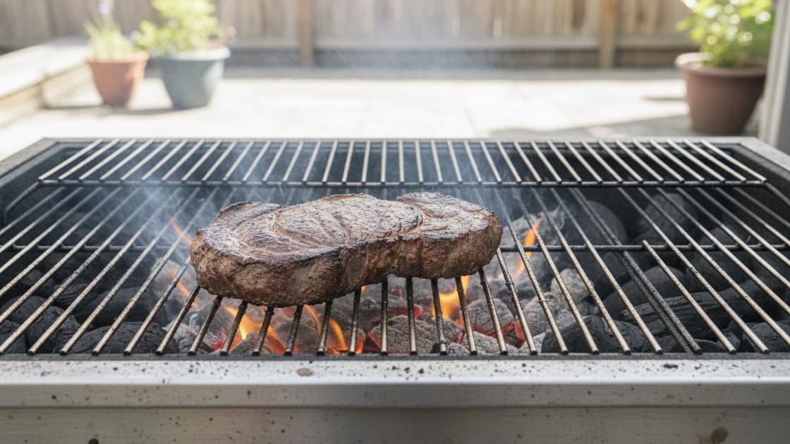 How hot should a grill be for steak, shown by a thick steak searing hard on glowing bars with the cooler zone beside it.