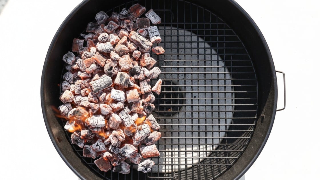 Charcoal banked to one side of a kettle grill to build a hot searing zone and a gentle finishing zone.