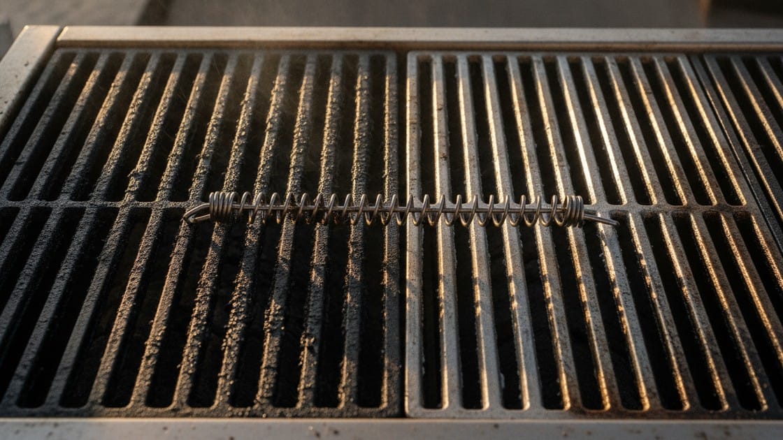 How to clean a grill, shown by a bristle-free scraper clearing carbonised residue from hot cast iron grill bars.