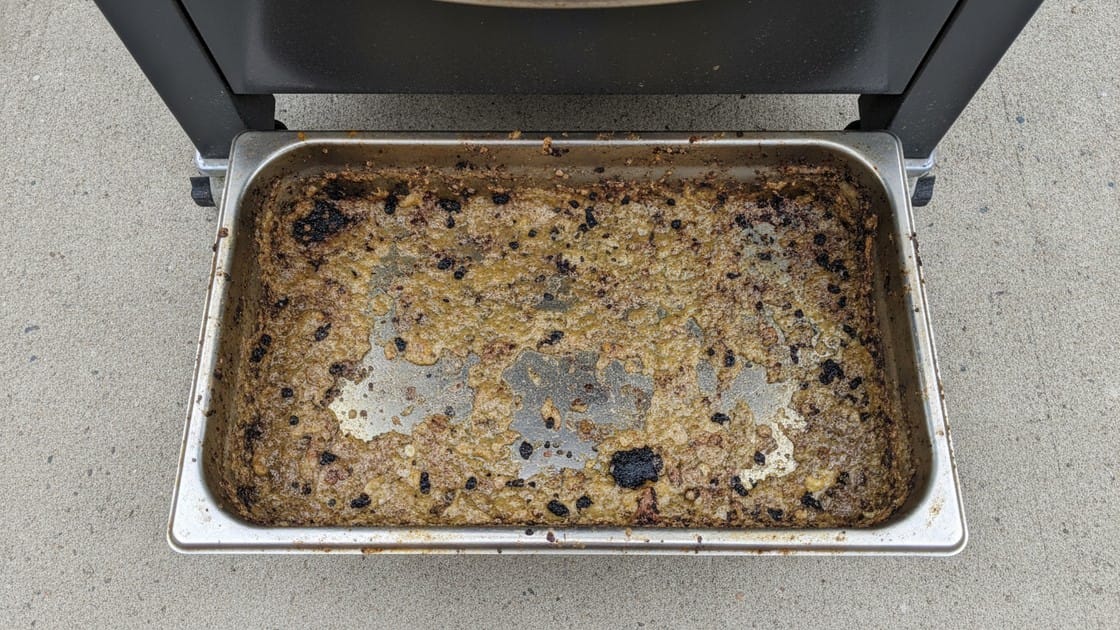 A pulled-out grill grease tray holding built-up fat, the layer that sits above the burners between cleans.