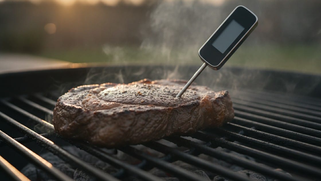 Checking what temperature to grill meat to, an instant-read thermometer probe pushed into the thickest part of a steak on the grill.