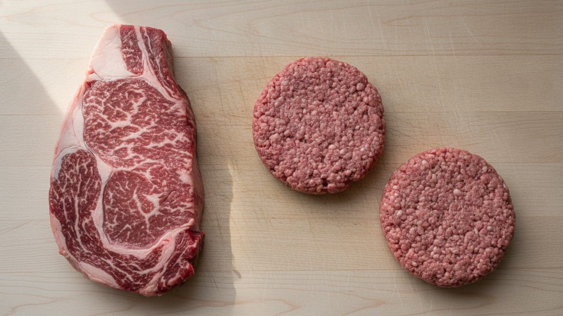 A whole steak beside ground beef patties, the pair that explains why the two safe temperatures differ.