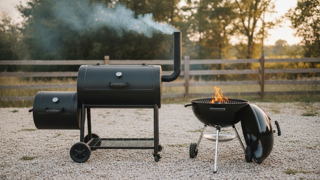 Smoker vs grill side by side, a barrel smoker with its offset firebox next to an open grill cooking over direct flame.