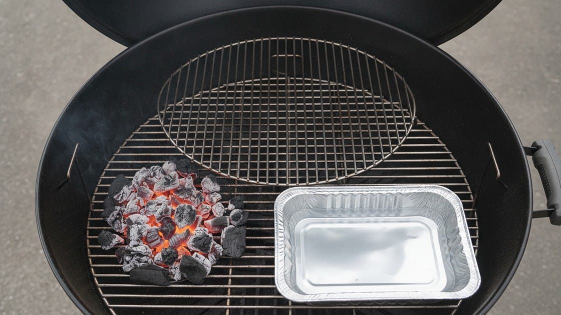 A covered grill set up for smoking with the coals banked to one side and a water pan under the empty cooking grate.