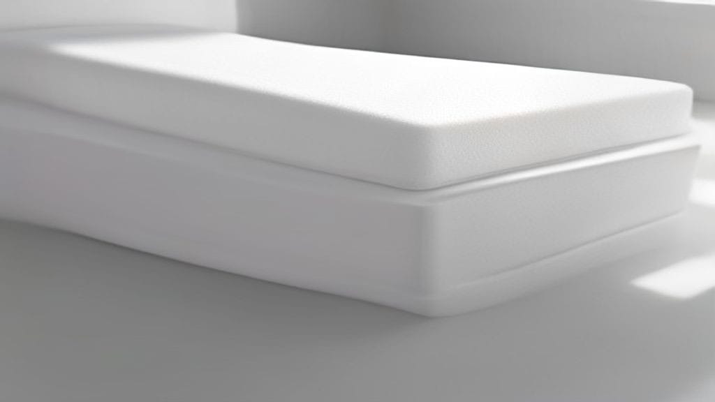 A bare memory foam mattress topper viewed along its surface at eye level, two shallow body dents showing how long a mattress topper will last