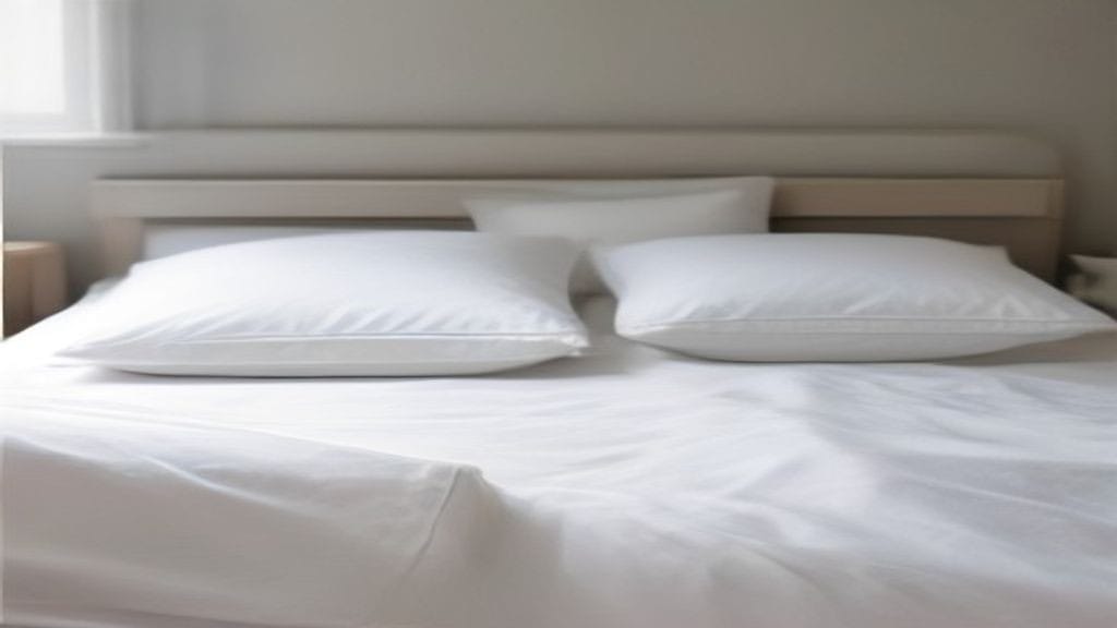 Two bed pillows on a made bed, one flat and packed down and the other showing the height a proper fluff restores to a pillow