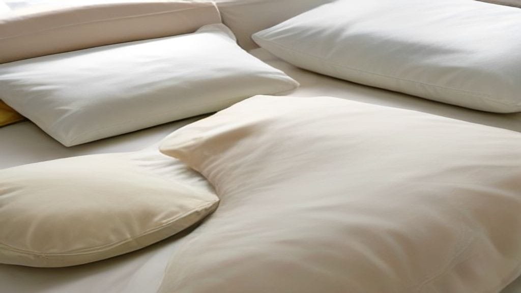 A stripped bed pillow showing a head-shaped yellow stain spreading from the centre, next to a clean white pillow in a zipped protector
