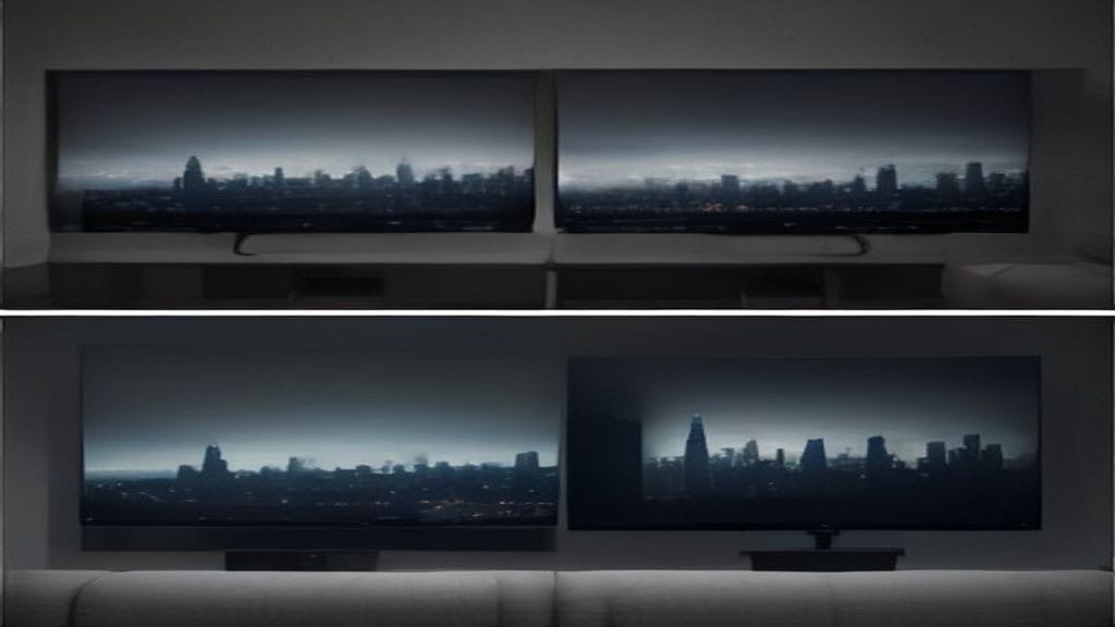 An LED television and an OLED television side by side in a living room, the OLED showing deeper black in a dark night scene while daylight falls across both screens